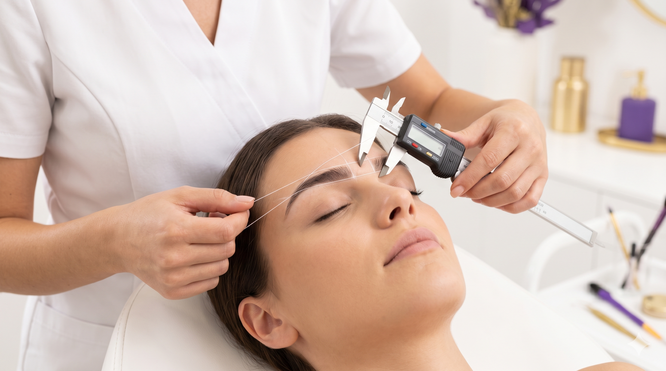 Profissional Designer de Sobrancelhas realizando mapeamento facial