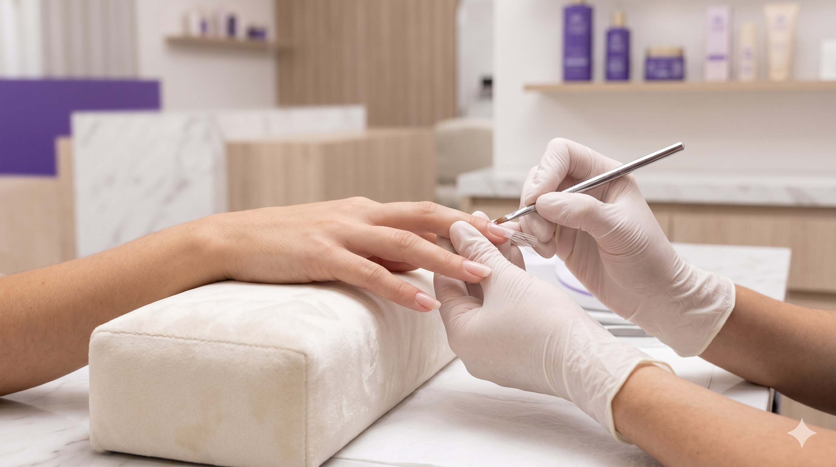 Profissional Nail Designer trabalhando em estúdio moderno aplicando alongamento